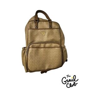 Guess Monogram Logo Backpack Tan Brown G Print Front Pocket Travel Bag Some Wear